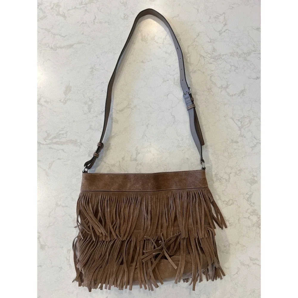 Michael Kors Billy Brown Suede Fringe Studded Crossbody Bag Western Boho Large